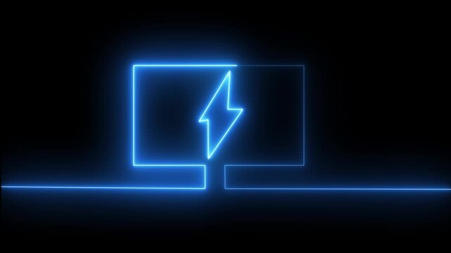Neon blue glowing lightning bolt animation on black background, minimalist electric energy symbol electricity
