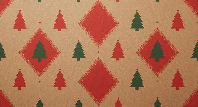 Seamless christmas wrapping paper pattern with red diamonds and green and red pine trees on kraft paper background