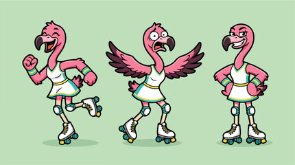 Fototapeta premium Three pink flamingo characters in roller skating poses.