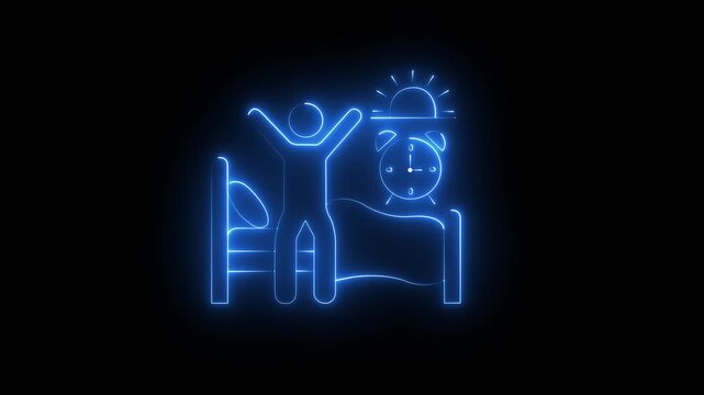 Neon glowing morning routine animation: waking up, stretching, and alarm clock concept wake up sunrise