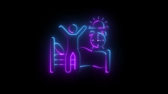 Neon wake up animation: person stretching in bed with morning alarm clock symbol
