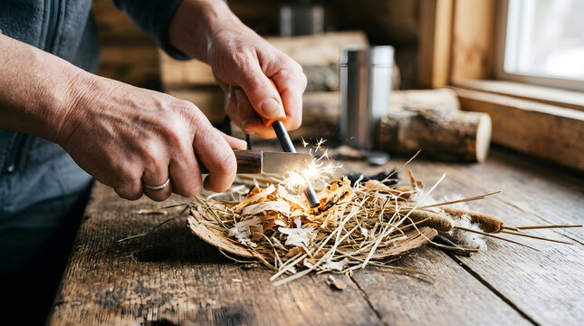 Person using a ferro rod to ignite dry tinder on a wooden table with natural light and copy space