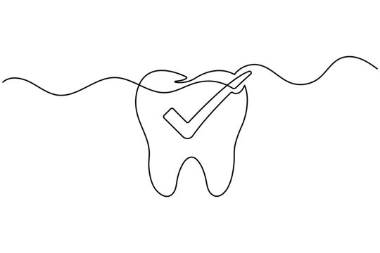 Tooth check line art single line drawing with checkmark approval symbol editable stroke minimal outline vector illustration