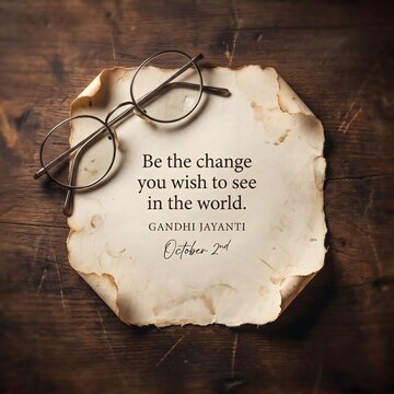 Inspirational Gandhi Jayanti quote on aged paper with iconic spectacles on a rustic wooden background, perfect for educational posts and Indian national holiday celebrations.