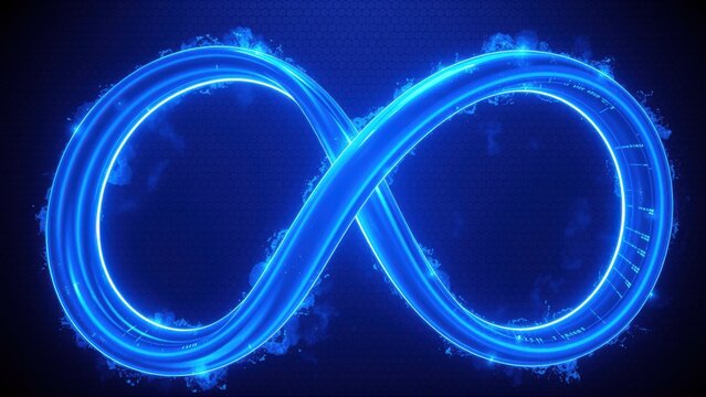 Bright blue infinity symbol glows against dark textured background. Modern digital art, abstract concept, limitless potential shown.