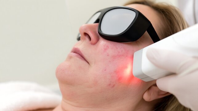 IPL device emits light onto a woman's red cheek during a dermatology procedure, rosacea treatment concept for cosmetic clinics, facial skin care and aesthetic medicine