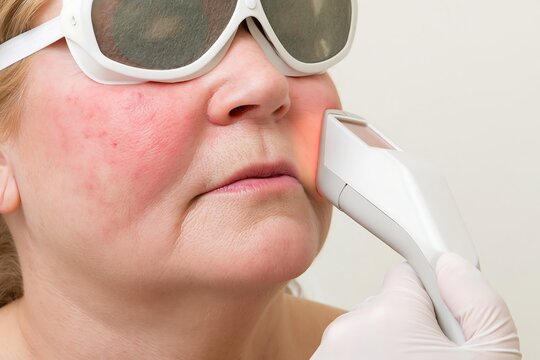 Close-up of woman with visible cheek redness undergoing IPL light treatment, dermatology concept for rosacea, facial flushing, skin care and aesthetic clinic services