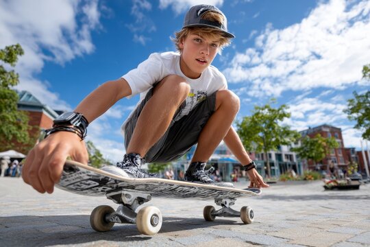 Teenager crouching on skateboard in urban setting