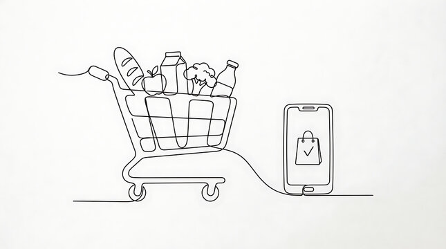 Grocery Shopping With Cart and Smartphone Line Drawing