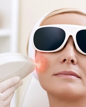 Woman with facial redness receives IPL treatment while wearing protective glasses, rosacea and skin care concept for dermatology clinics and aesthetic medicine