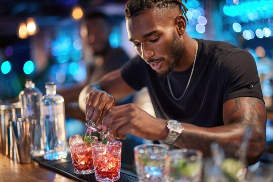 Bartender Carefully Pours Red Cocktail in Nightclub
