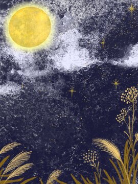 縦長・テラコッタ風ざらざら質感の星空と満月・ススキ・草木の背景素材