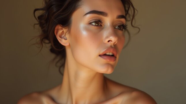 Mujer conmovedora, piel en tonos sepia, matiz luminoso, cejas suavemente arqueadas, gracia natural