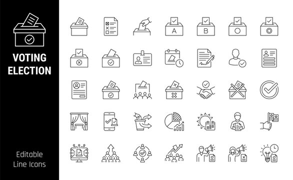 Voting Election Icon Set. Democracy and Ballot Editable Line Icons