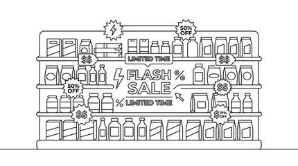 Obraz premium Flat continuous line vector illustration of supermarket shelves featuring a flash sale promotion, limited time offer banners, discount labels, and generic grocery products in a minimalist style.
