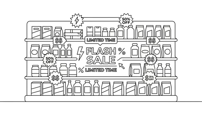 Flat continuous line vector illustration of supermarket shelves featuring a flash sale promotion, limited time offer banners, discount labels, and generic grocery products in a minimalist style.