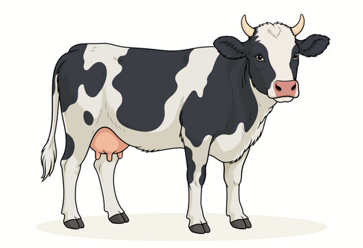 Hand Drawn Vector Cow Illustration: Black and White Holstein Dairy Cow Standing Full Body Cartoon Farm Animal