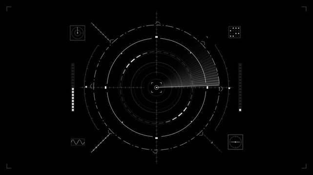 Futuristic digital radar hud display with scanning sonar elements. White circular interface tracking system on black background.