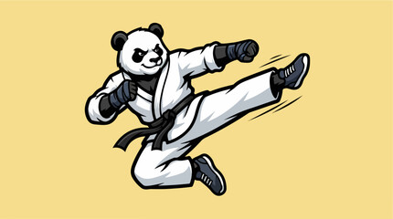 Kung fu panda leaping in air with high kick. © jpowell