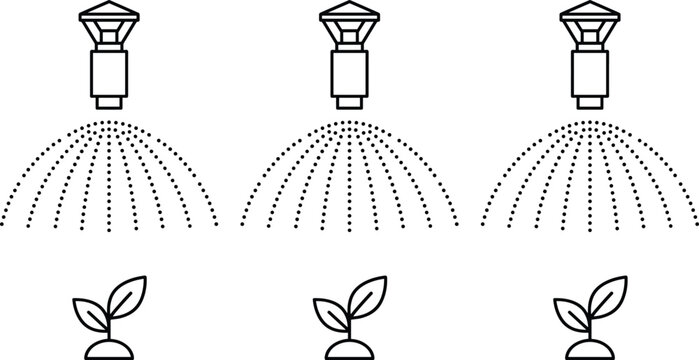 Automatic garden lawn sprinkler system vector illustration featuring water spray nozzles irrigating growing plant seedlings linear icon elements