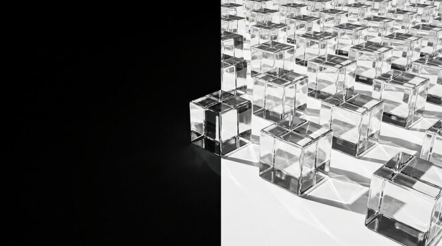 Grid of clear glass cubes casting sharp shadows on a white surface against a black background