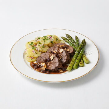 Roast beef dish with wine sauce, almonds, raisins, asparagus, and potato salad on a white linen tablecloth - Sauerbraten, Schw&auml;bischer Kartoffelsalat 