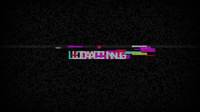 Glitch effect loading and in progress text with static noise background. Retro cyberpunk aesthetic for creative video editing projects.