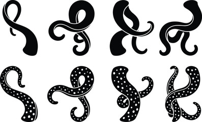 Kraken octopus tentacle monster black silhouette graphic collection featuring sea creature suckers marine biology underwater horror design elements vector © MdAnarulIslam