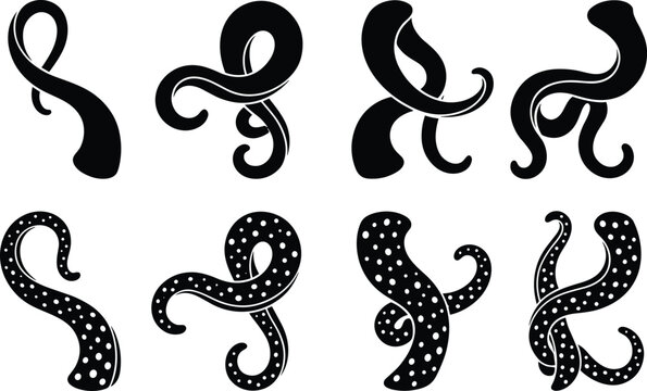 Kraken octopus tentacle monster black silhouette graphic collection featuring sea creature suckers marine biology underwater horror design elements vector