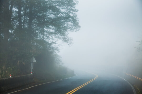 Dense Mountain Fog Covering Curved Road