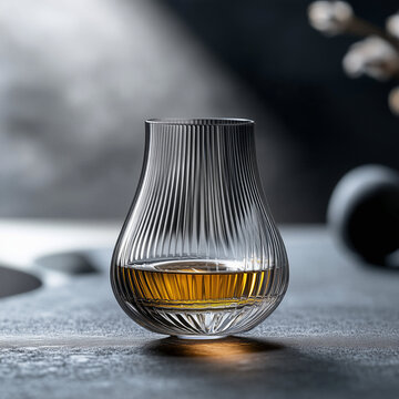 Ribbed whiskey glass with amber liquid on a dark table with a blurred background