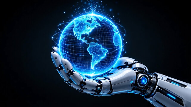 A robotic hand cradles a glowing, digital holographic globe of Earth against a dark background, symbolizing technology and global connectivity.