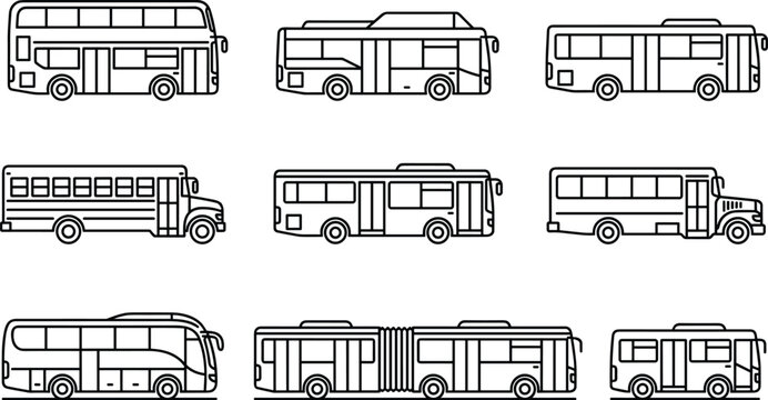 Public bus transportation line icon set featuring double decker school bus coach city transit and articulated vehicle models vector