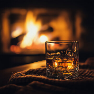 Glass of whiskey on a table with a knit blanket in front of a glowing fireplace at night