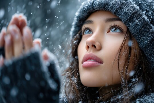 Woman enjoying snowfall while wearing a knitted hat and gloves in a winter setting