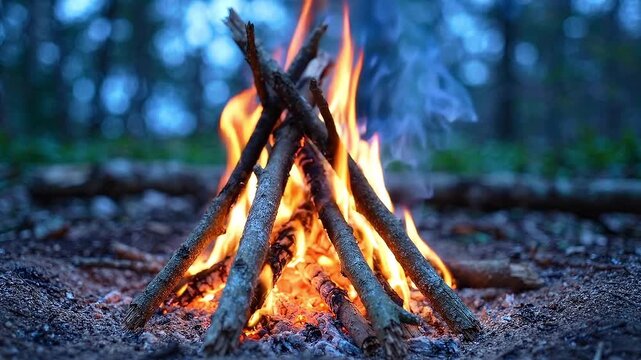 Campfire burns among stacked branches in a forest clearing, growing brighter and sending sparks into the evening air. Outdoor camping and wilderness survival