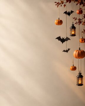 Halloween background with hanging pumpkins, bats, and lanterns creating a festive autumn atmosphere.