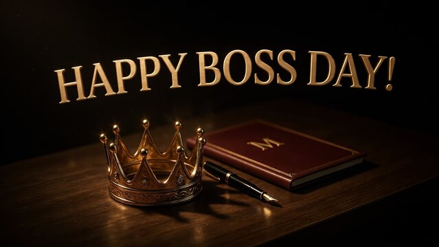 Happy Boss Day Golden Text Greeting, Elegant Crown and Leather Journal on Dark Wooden Desk, Executive Celebration Background