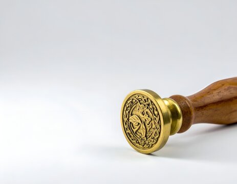 Close-up of gold round wax seal stamp face design.