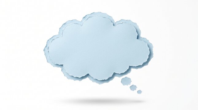 A light blue paper thought cloud shape with ripped edges and soft drop shadow isolated on a plain white background for creative design projects