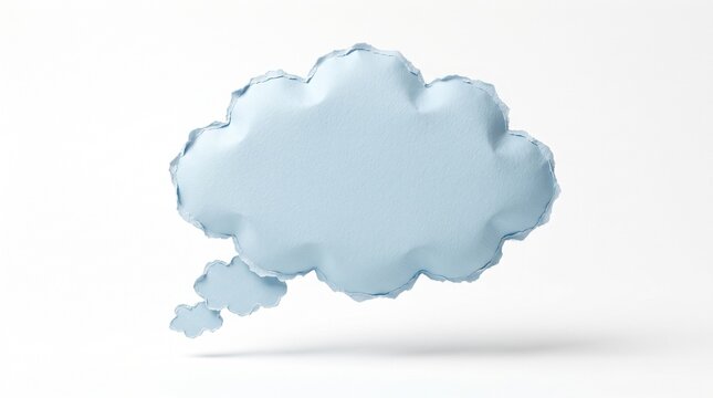 Light blue thought cloud made of torn paper texture with soft shadow floating against a plain white background for minimalist design content