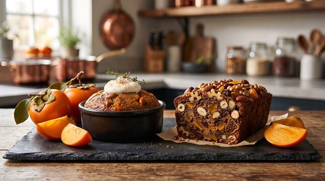 Festive persimmon pudding cake topped with whipped cream and traditional fruitcake loaf with nuts on a slate board in a rustic kitchen
