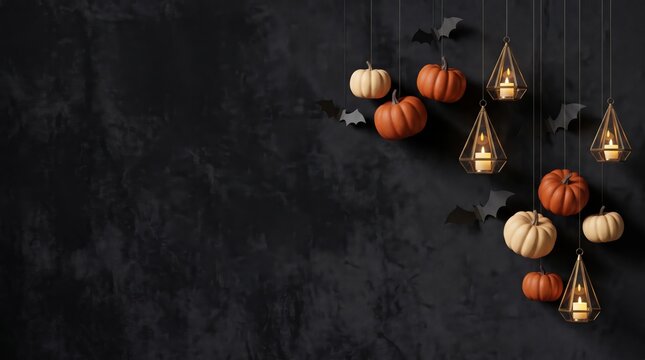 Halloween background with pumpkins, bats, and lanterns on dark textured wall.