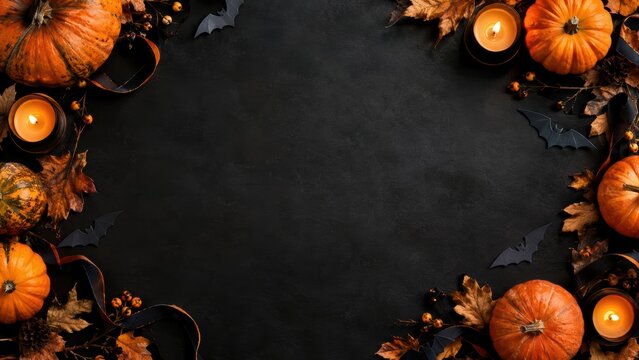 Halloween background with pumpkins, candles, and autumn leaves on a dark surface, providing copy space for festive designs.