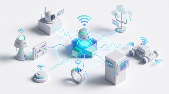 Smart Home Automation Concept with Connected IoT Devices and Central Network Hub in Isometric 3D Illustration