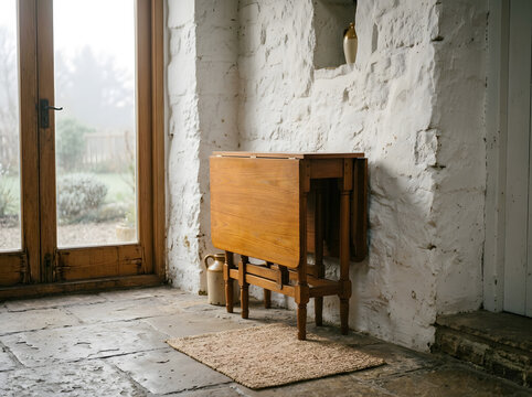 Vintage teak drop leaf table against rustic stone wall | Rustic farmhouse interior with gateleg wooden table | Cottage style home decor with flagstone flooring | Antique furniture in rustic stone cott