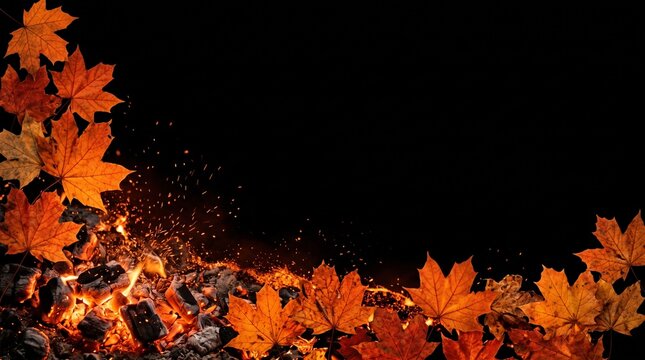 Border of orange maple leaves with glowing fire embers on a black background.