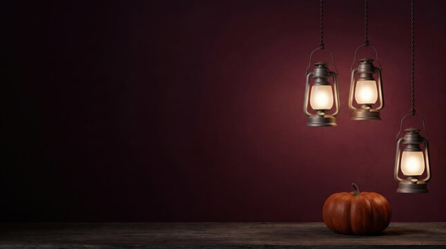 Halloween Pumpkin with Glowing Lanterns on Dark Background.