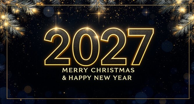Luxury 2027 New Year background featuring textured glowing golden numbers with a thin border frame, festive pine leaves, sparkling stars, and blurry bokeh elements on a dark premium banner