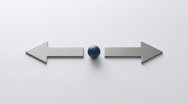 Sphere positioned between two opposing arrows creates a visual metaphor for decision making and strategic choices.